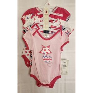 Rugged Bear Bodysuit Set Of‎ 5 Hearts Stars Pink White 6-9 Months
